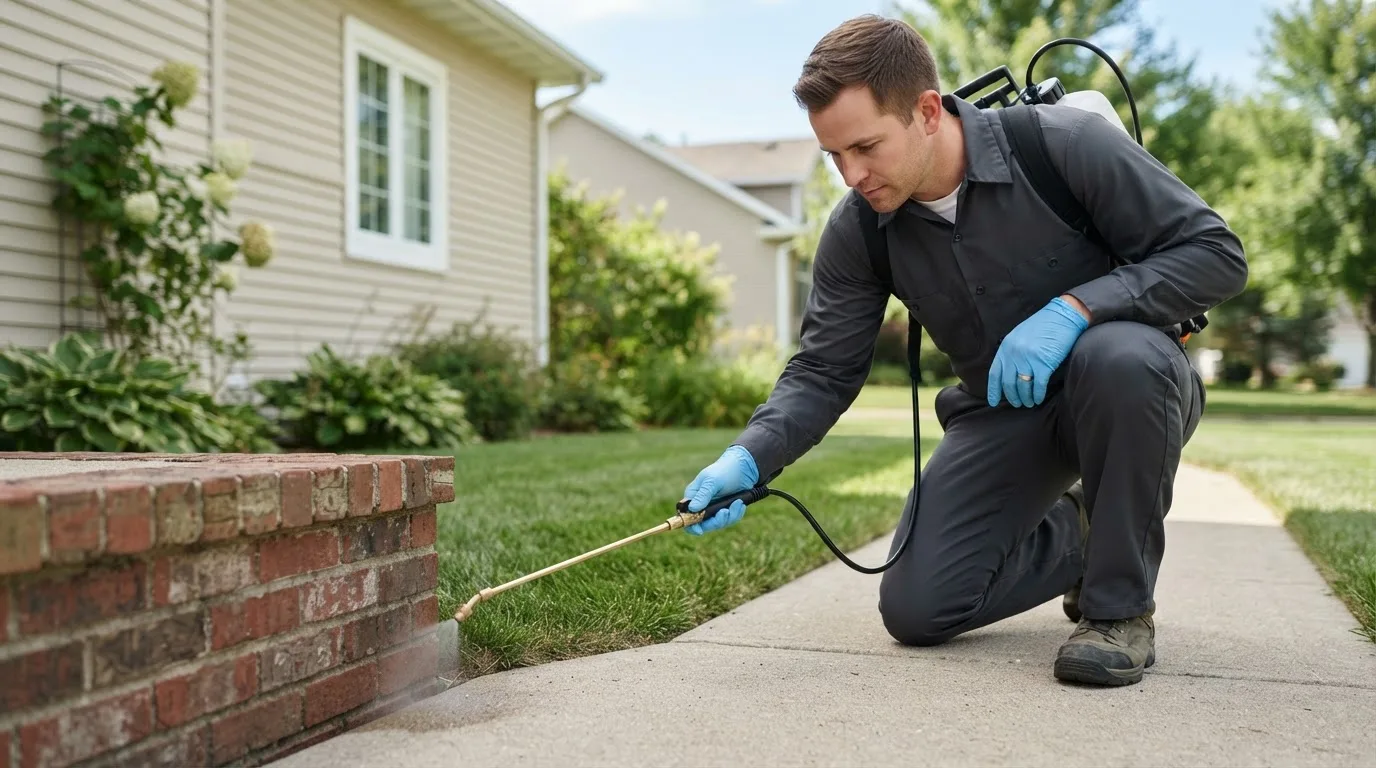 Pest control technician treating a home near Freeland, MI