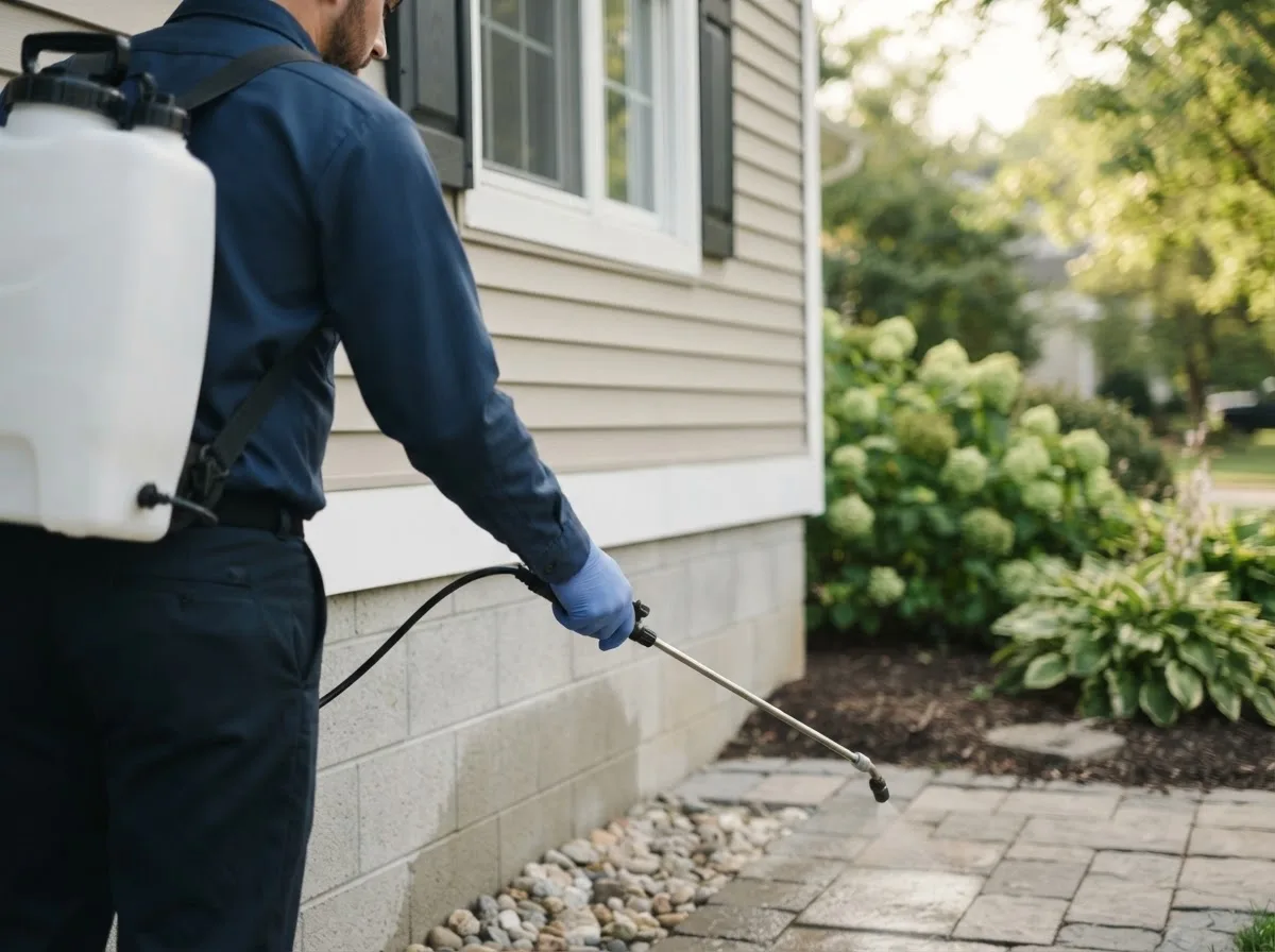 Pest control technician inspecting a home in Freeland, MI